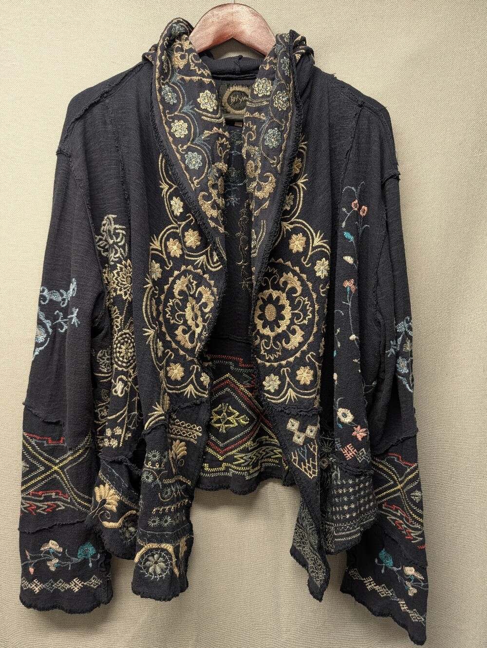 Johnny Was Black Embroidered Hooded Cardigan w/ Multicolor Accents Size L